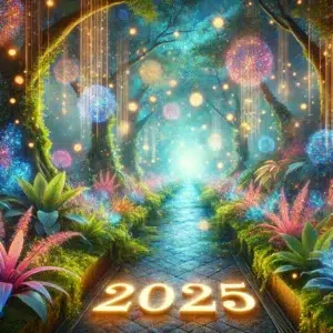 DALL·E 2025 01 11 16.44.37 A magical and lush pathway surrounded by vibrant glowing vegetation in a mystical forest. The pathway is illuminated with shimmering sparkles and rad - Pont L'Abbé Quimper