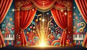 DALL·E 2025 01 16 12.02.29 A vibrant and theatrical scene showcasing red velvet curtains with intricate details drawn slightly apart to reveal a glowing inviting light. The se - Pont L'Abbé Quimper